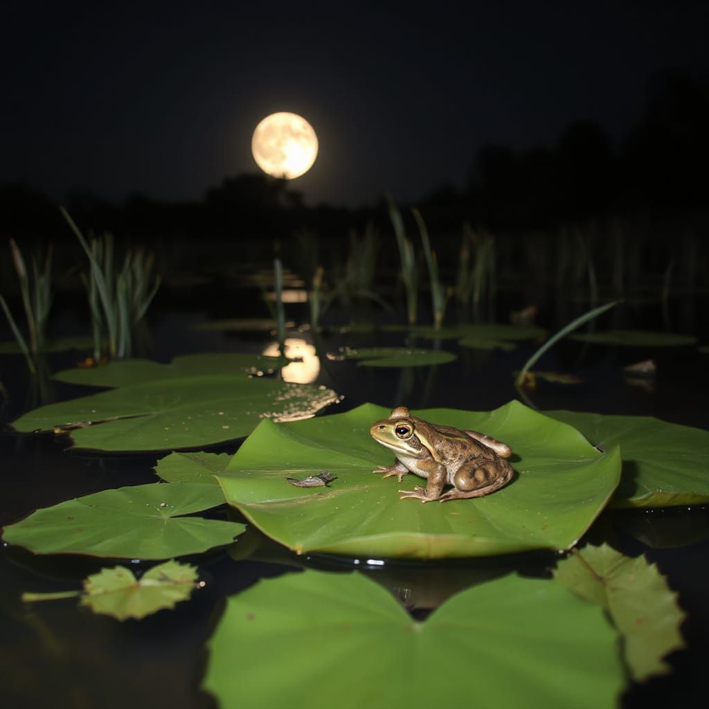 Night Swamp Frog on Lily Pad: Photorealistic