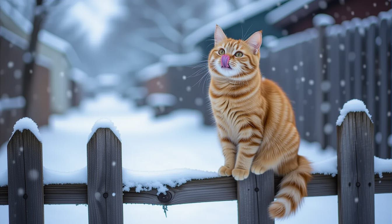 Orange Tabby Cat Enjoys Snowfall on Fence
