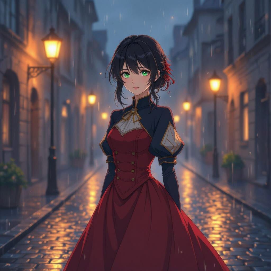 Elegant Woman in Emerald Eyes and Ruby Dress in Twilight Cit...