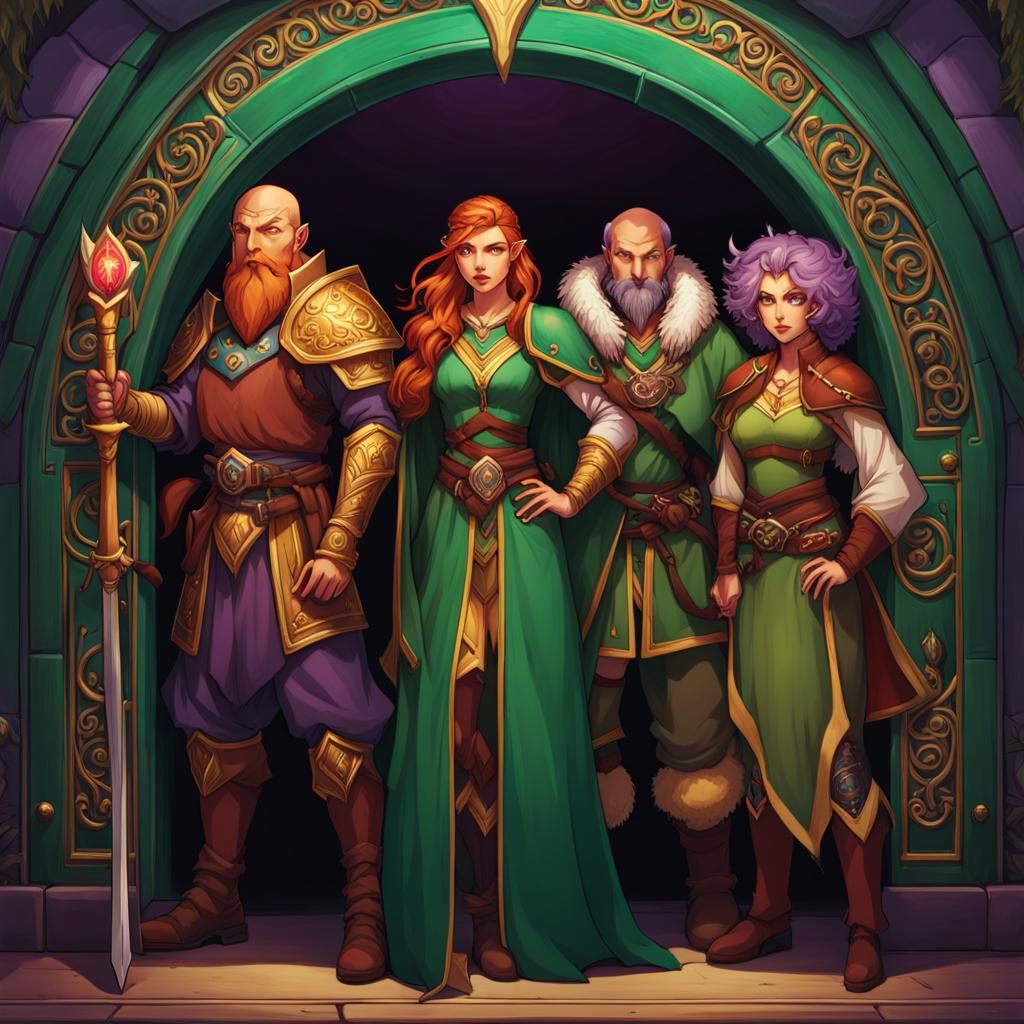 D&D Party Posing Before Jade Doors, Sinister Art
