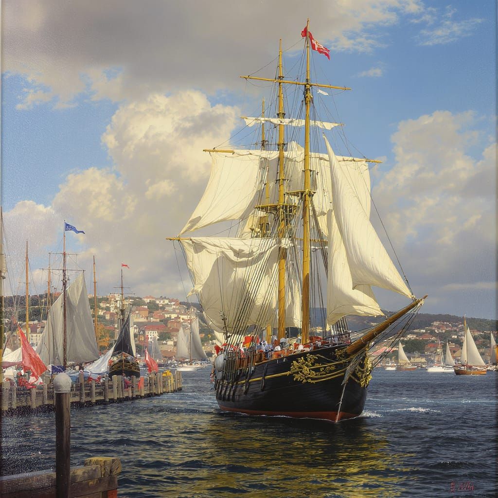 Sailing Ship in Harbor: Baroque Brutalist Painting