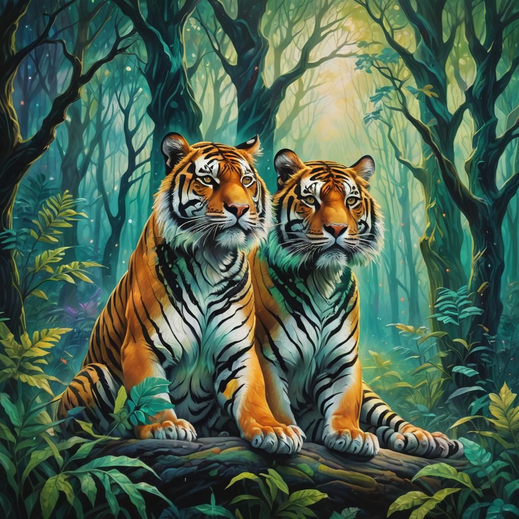 Cosmic Tiger in Gloomy Forest: Surreal Oil Painting