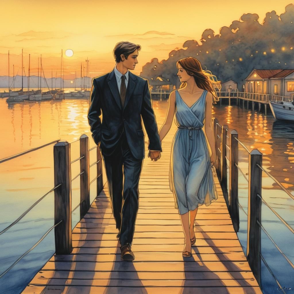 Romantic Couple at Sunset in Pencil Color Style