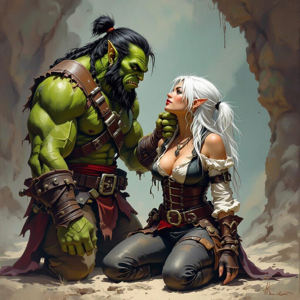 Pirate and Orc Dramatic Encounter in Fantasy Art Style
