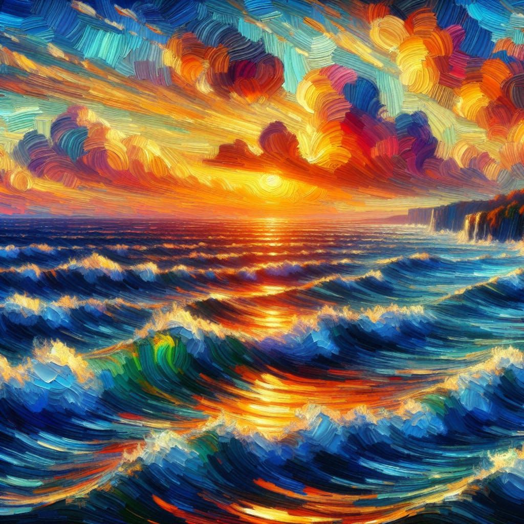 Impressionist Sunset Seascape with Vibrant Colors