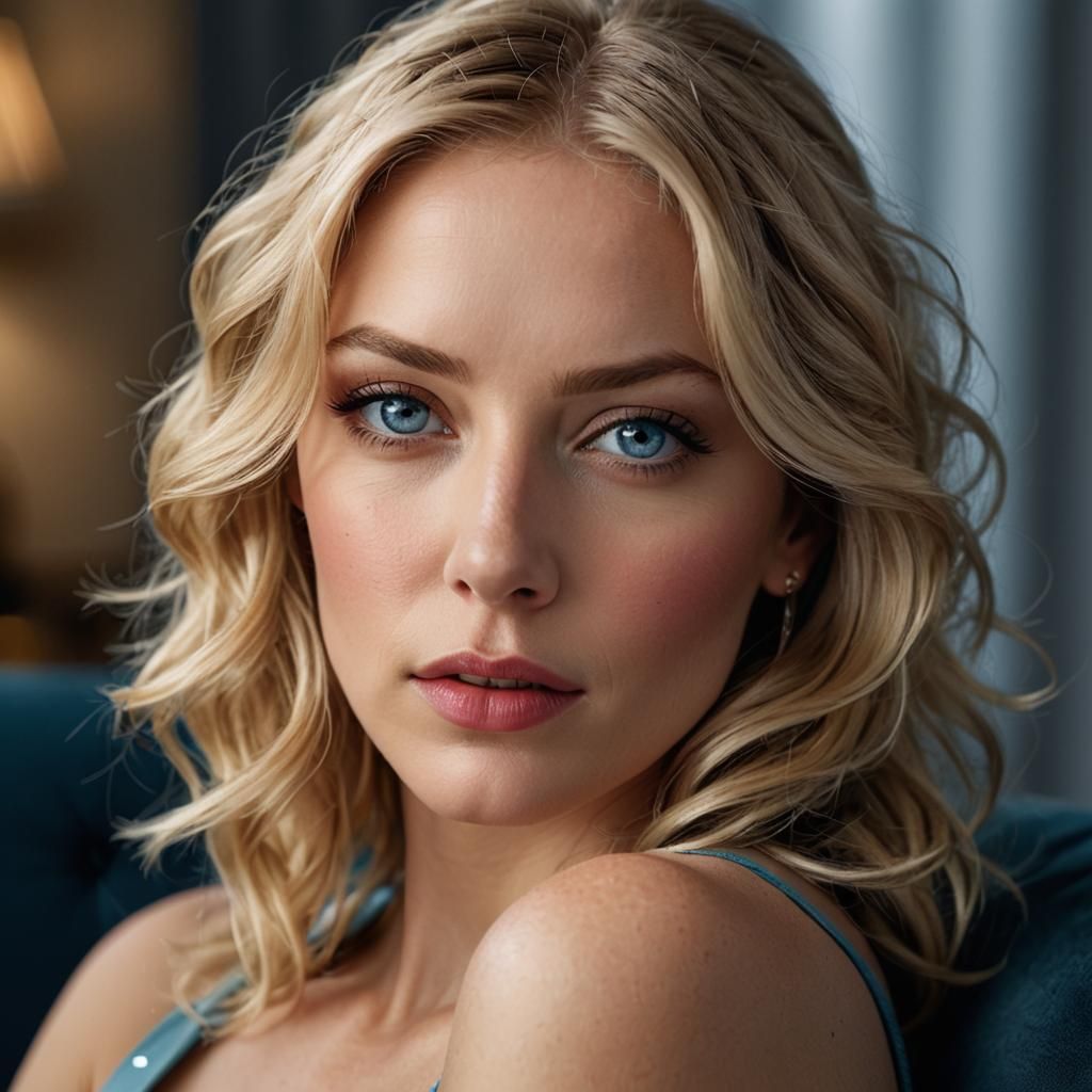 Blond Woman, Grey-Blue Eyes, Boudoir Portrait