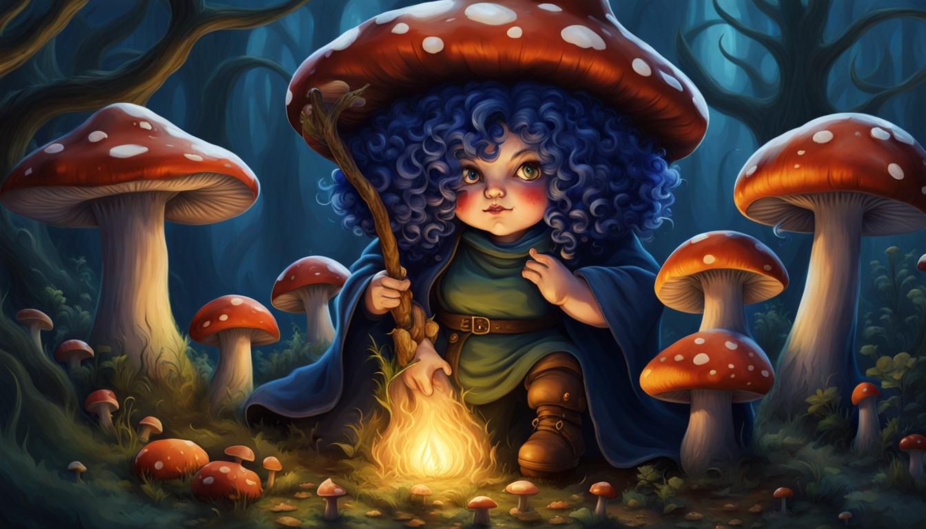 Mushroom Witch Tending a Garden in Modern Fantasy Style