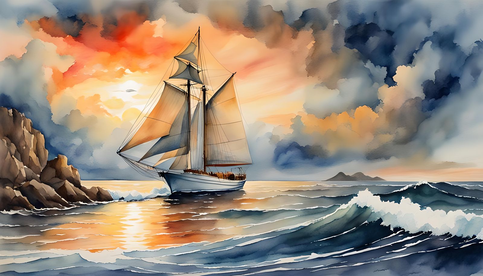 Contrasting Seascapes in Watercolor at Sunset
