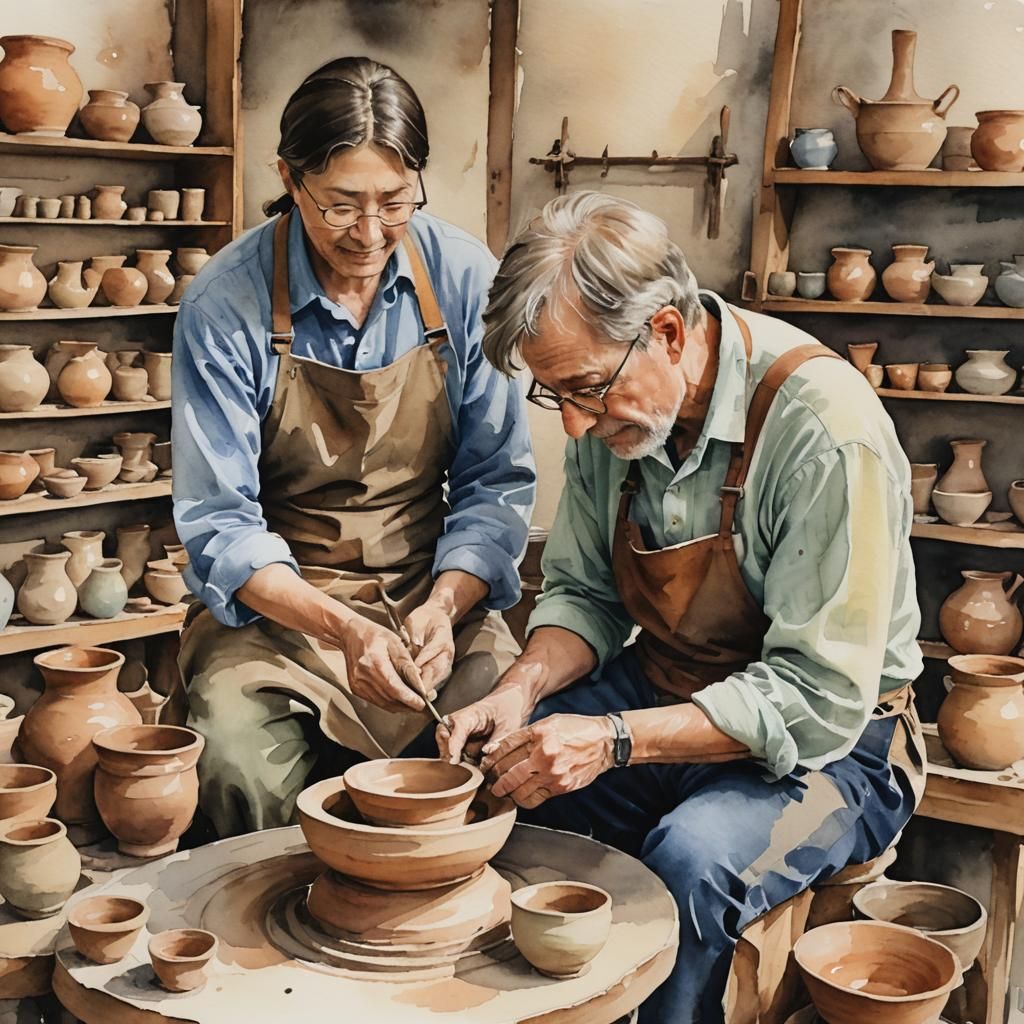 Pottery Master Teaching Apprentice in Watercolor Style