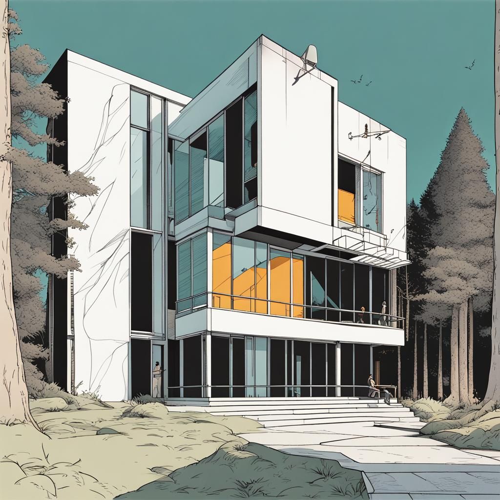 Minimalist Modernist Building in Forest, Anime Key Visual