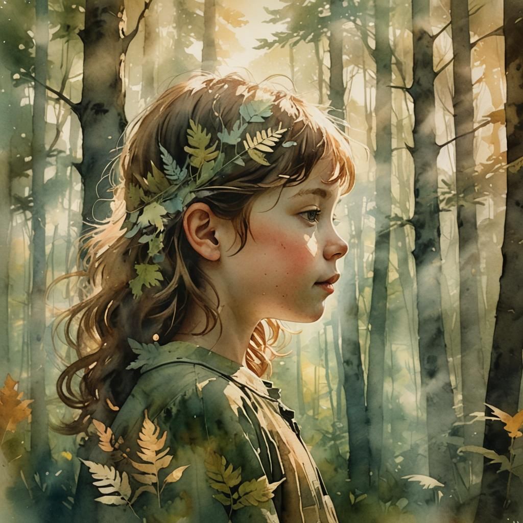 Child and Forest Double Exposure in Watercolor Style