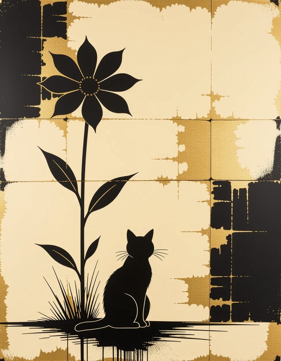 Cat Under Flower in Film Noir Aesthetic