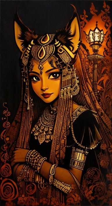 Surreal Bastet Portrait with Musical Skeleton and Castle