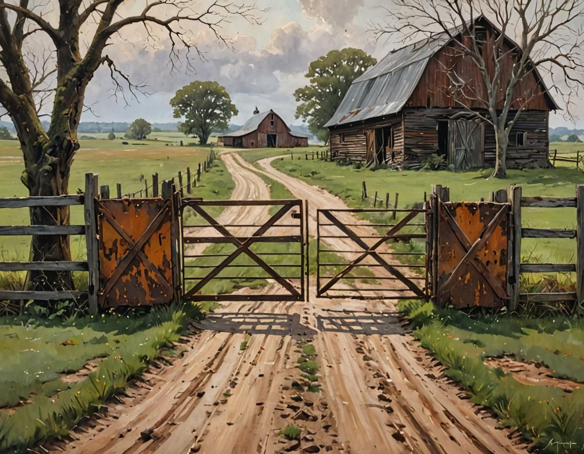Farm Gates and Winding Path as Oil Painting