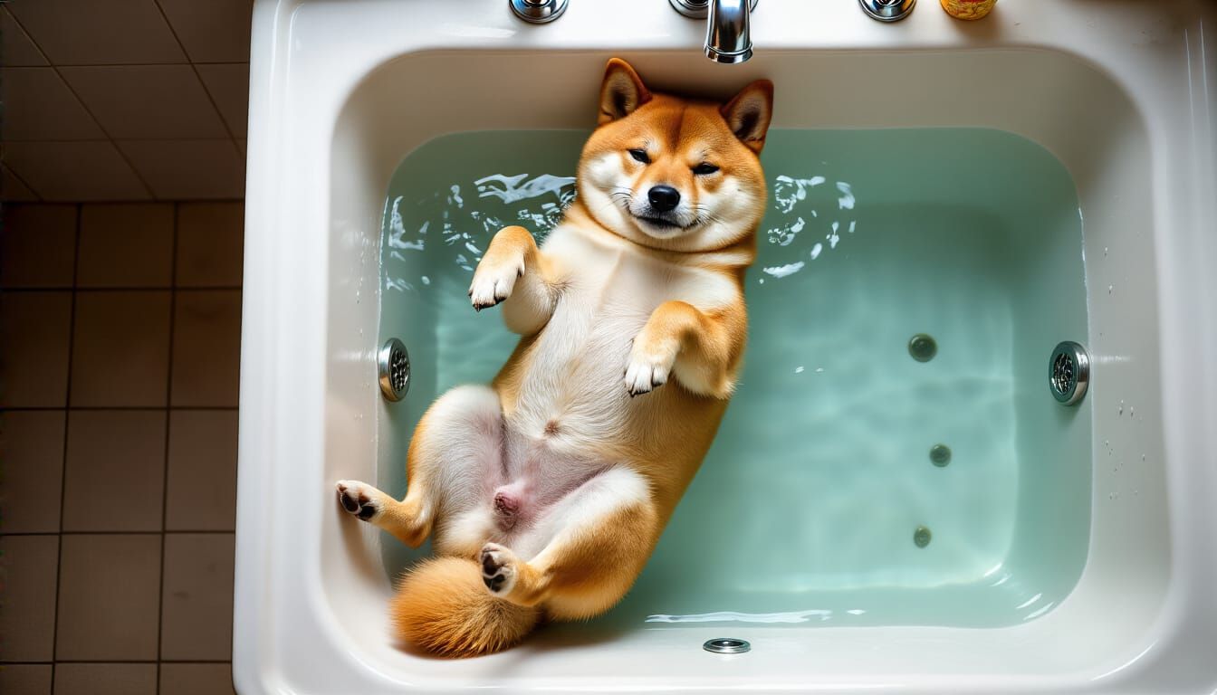 Carefree Shiba Inu Floating in Sink