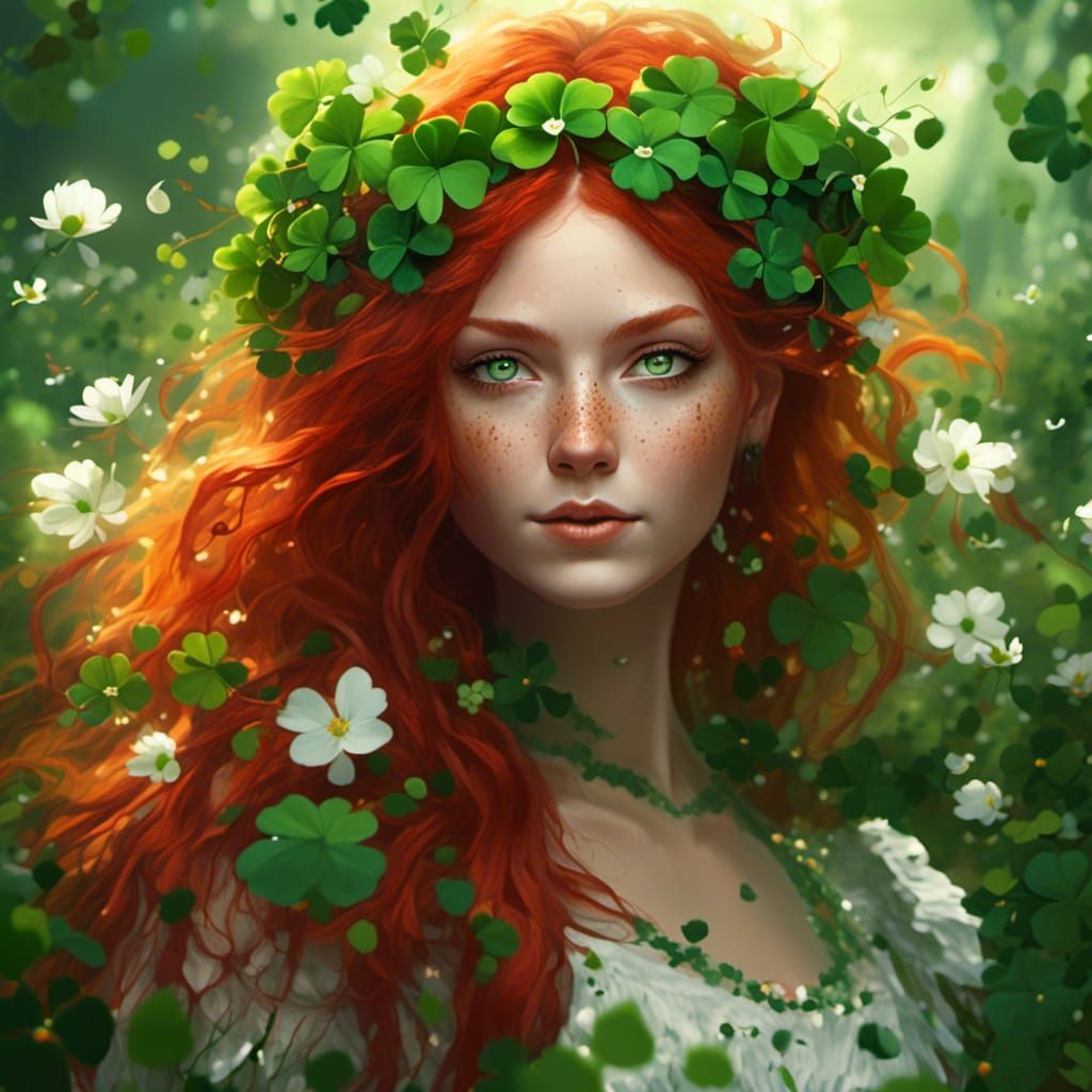 Beautiful Irish Woman Surrounded by Clovers
