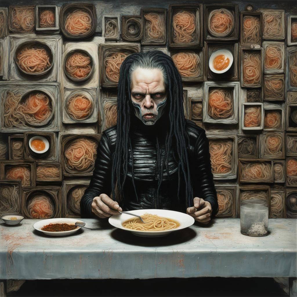 Surreal Ramen Bowl: A Psychedelic Horror Art Piece