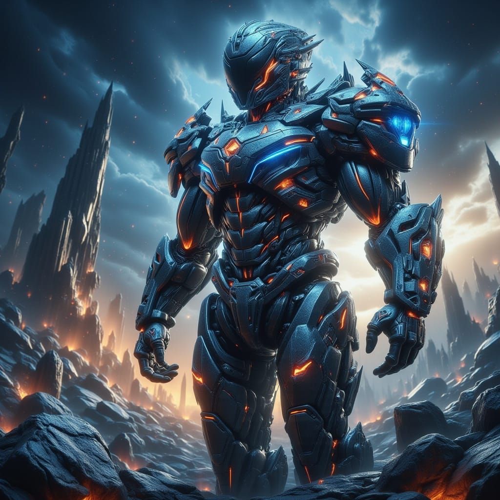 Futuristic Robot in Cosmic Landscape, Inspired by Retro-Futu...