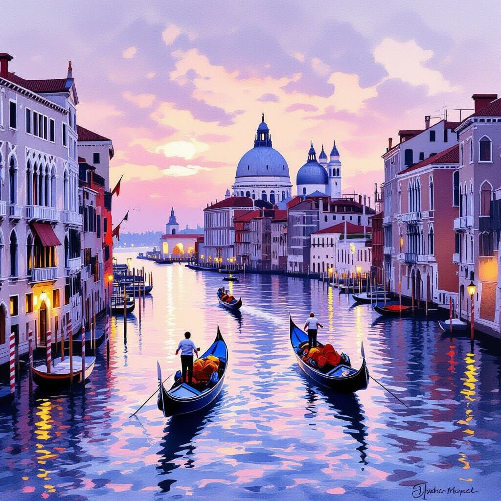 Venice Grand Canal at Dusk Watercolor Painting