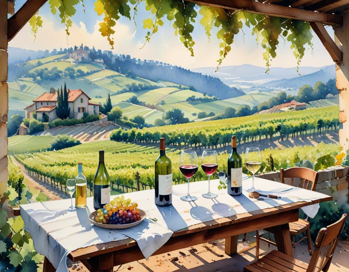 French Vineyard Scene in Soft Watercolor