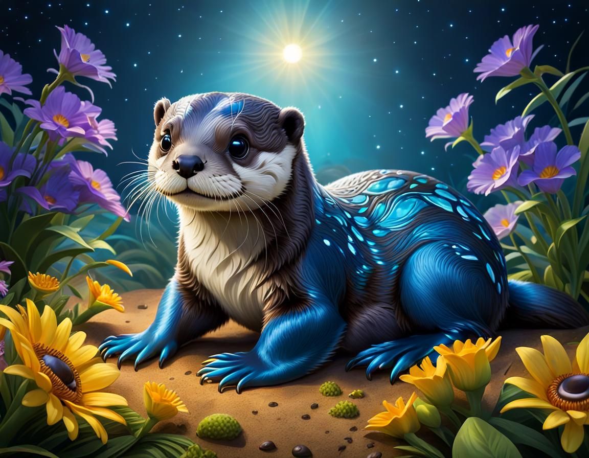 Pastel Blue Otter Baby in Hawaii: 8k Holographic Art