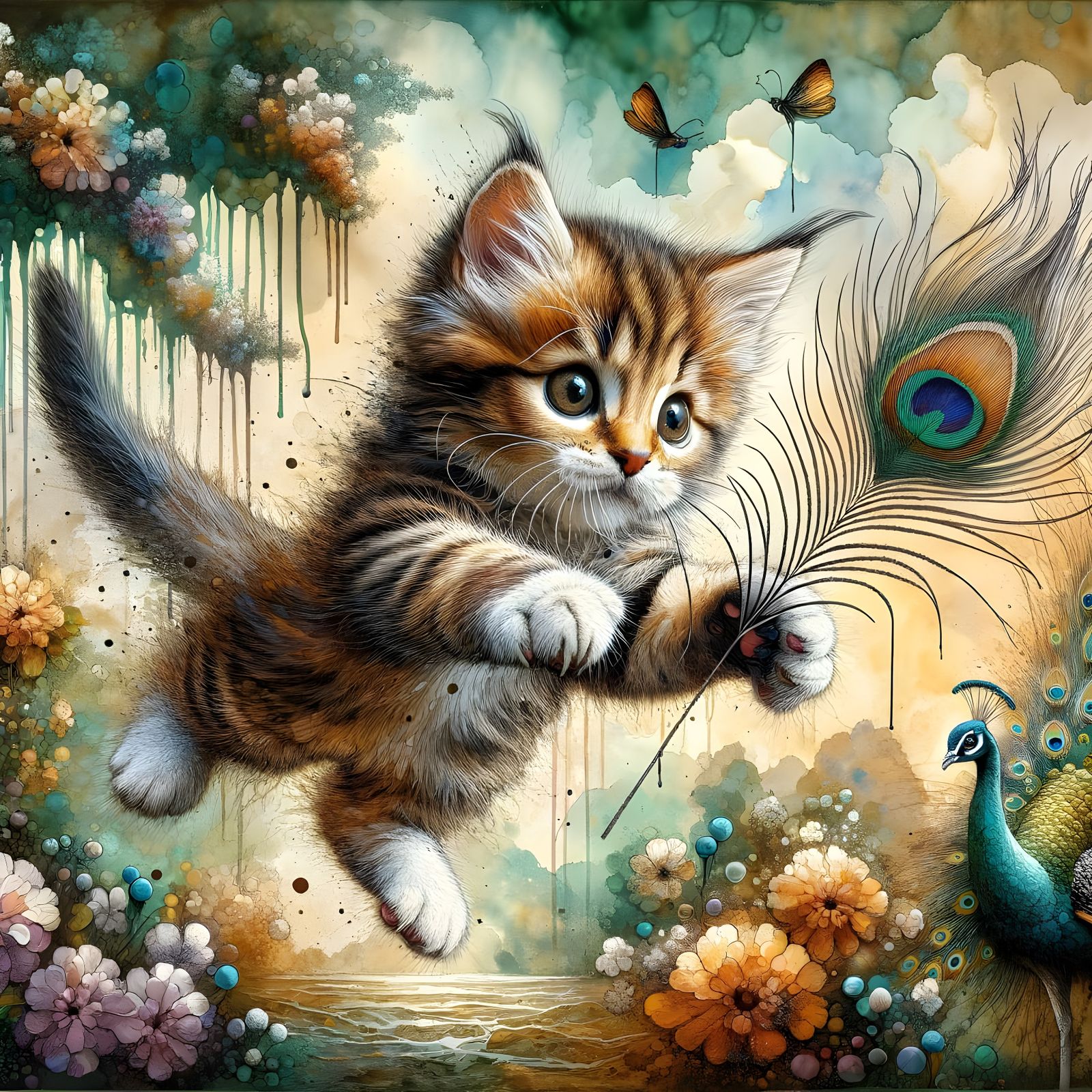 Tabby Kitten's Leap for a Peacock Feather