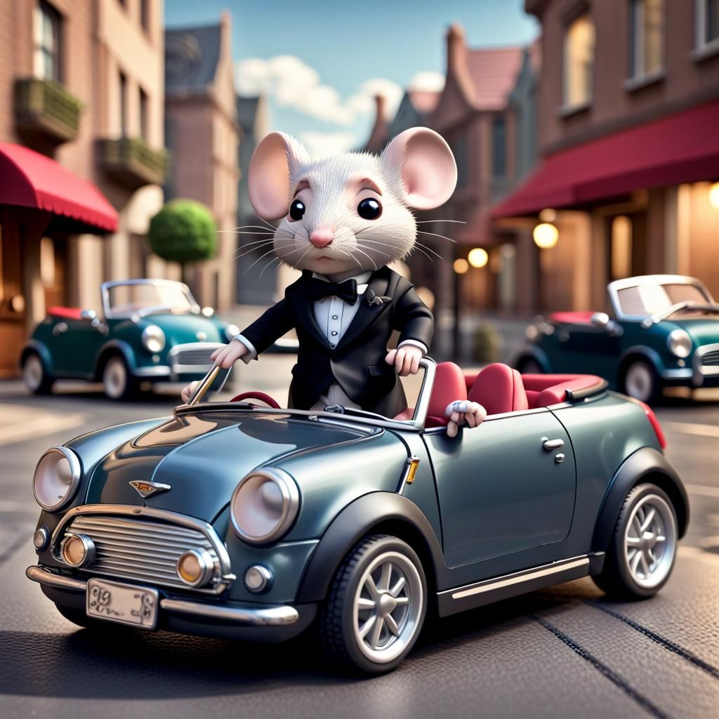Cute Stuart Little in a mini convertible.