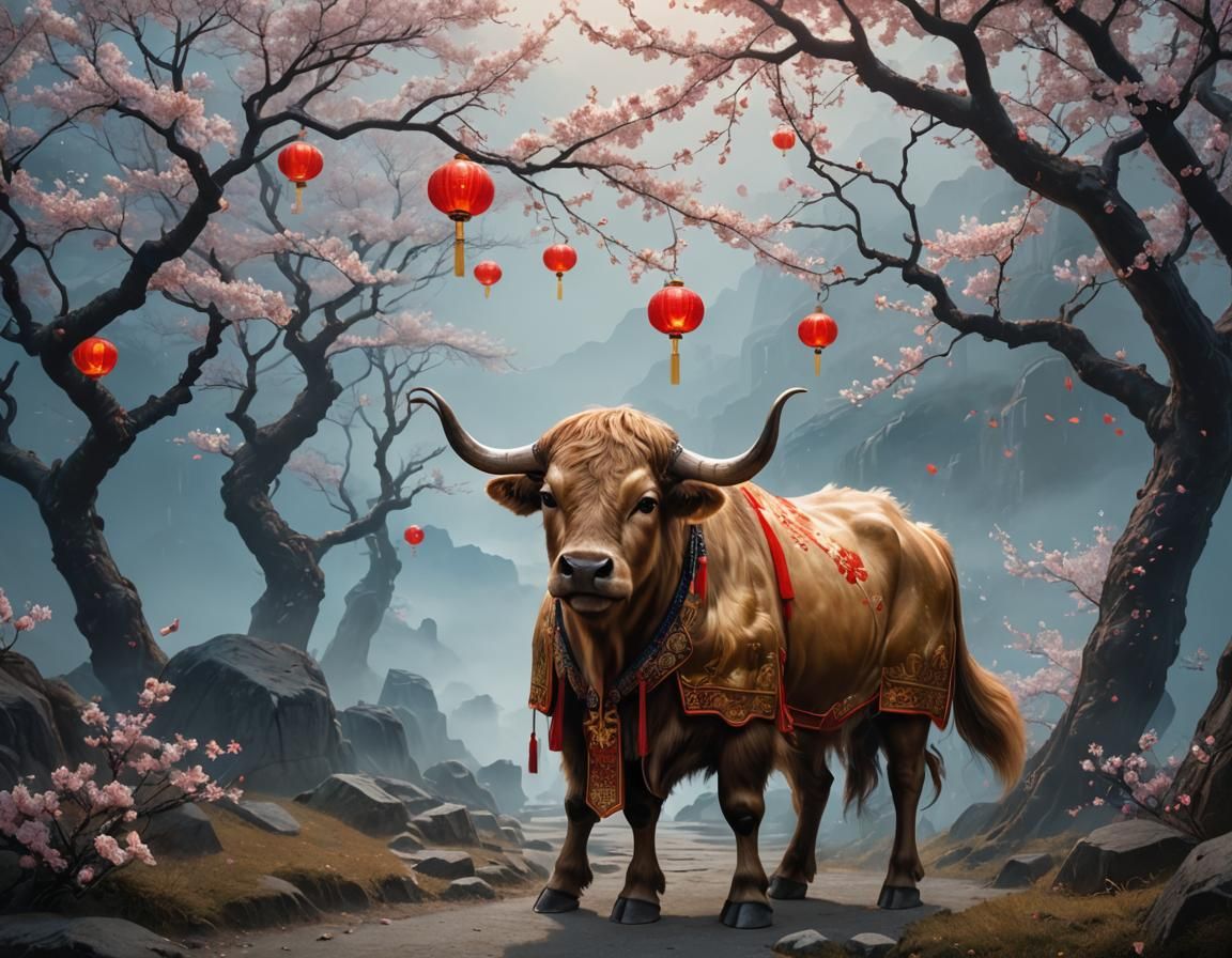 Ox in Chinese Attire on Misty Mountain Path