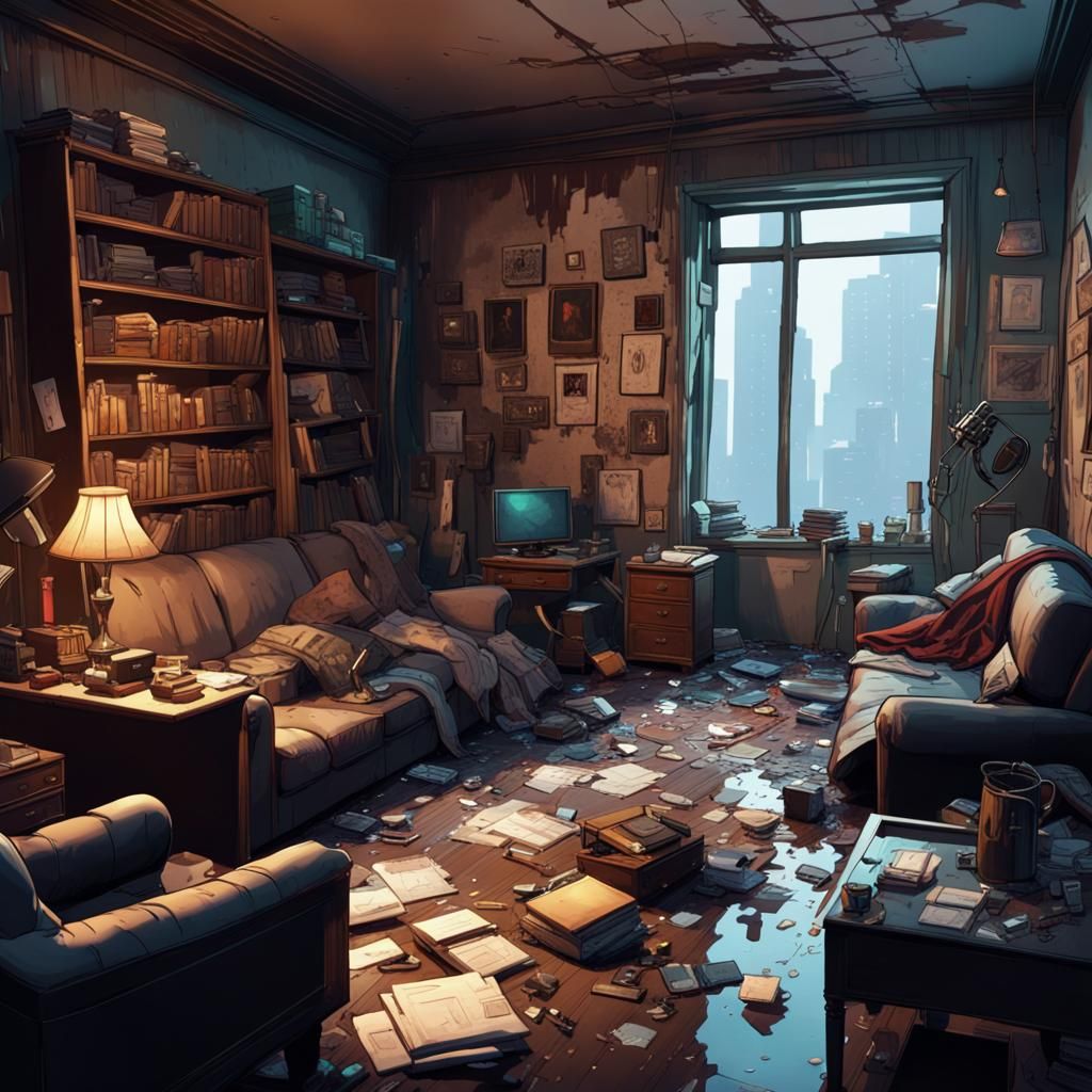 Cyberpunk Detective Investigates Trashed Apartment Crime Sce...