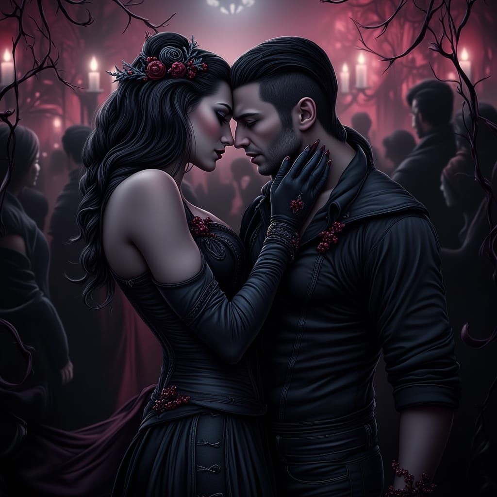 Gothic Vampire Bite Scene in Dark Nightclub