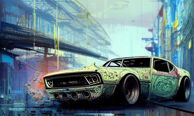 Futuristic Salvaged Muscle Car, Hyperdetailed Patchwork Art