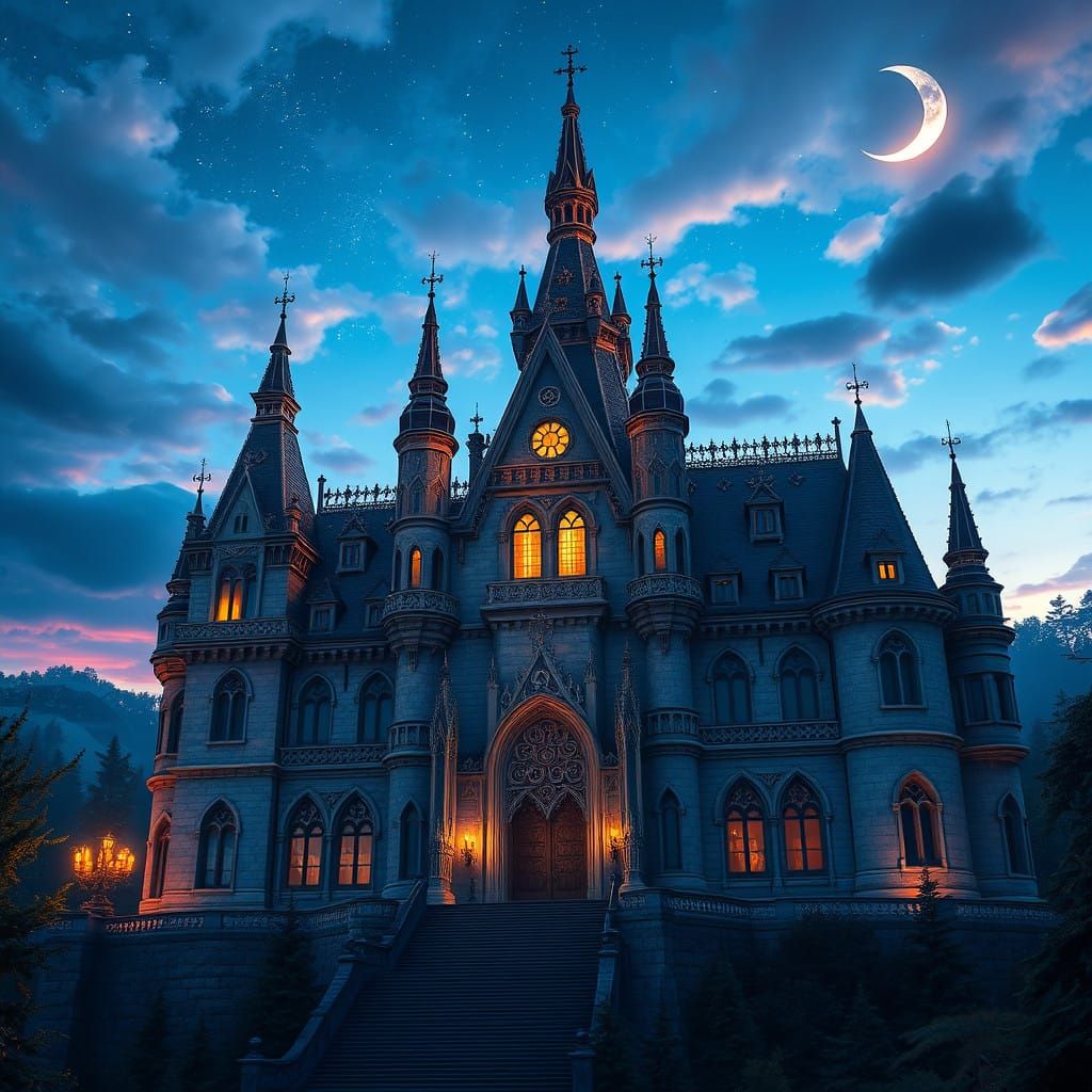 Enchanted Gothic Castle Amidst Celestial Polish Landscape