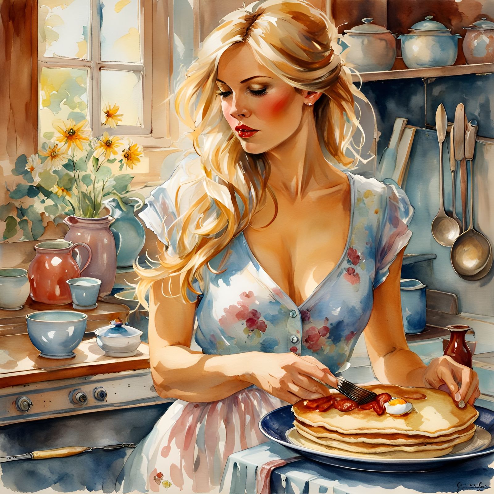 Voluptuous Woman with Breakfast in Retro Kitchen