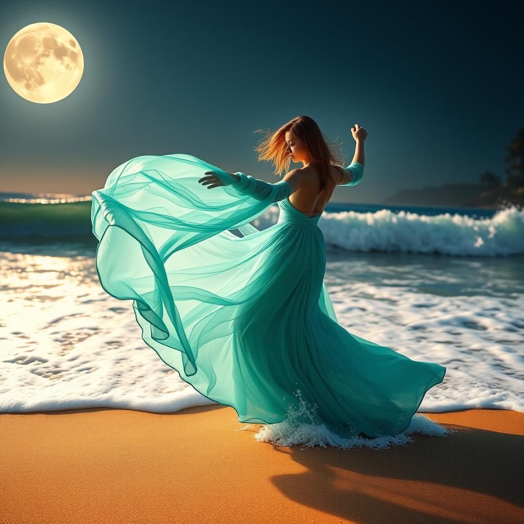 Moonlit Beach Dancer: Hyperrealistic Cinematic Gown