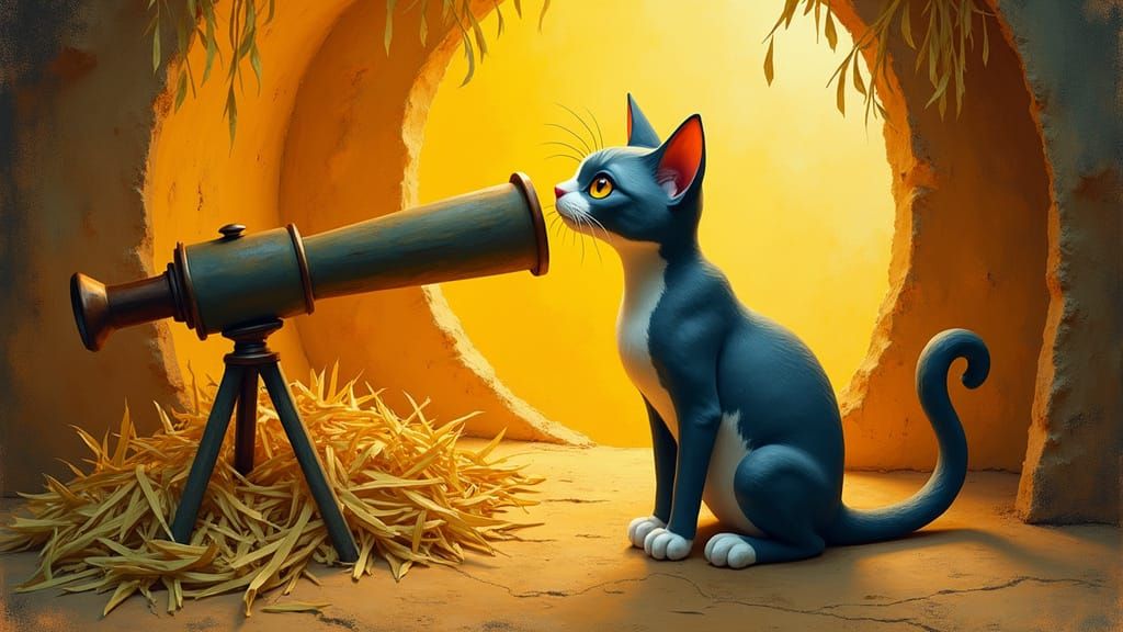 Whimsical Cat Astronomer in Attic, Surrealist Cubist Style