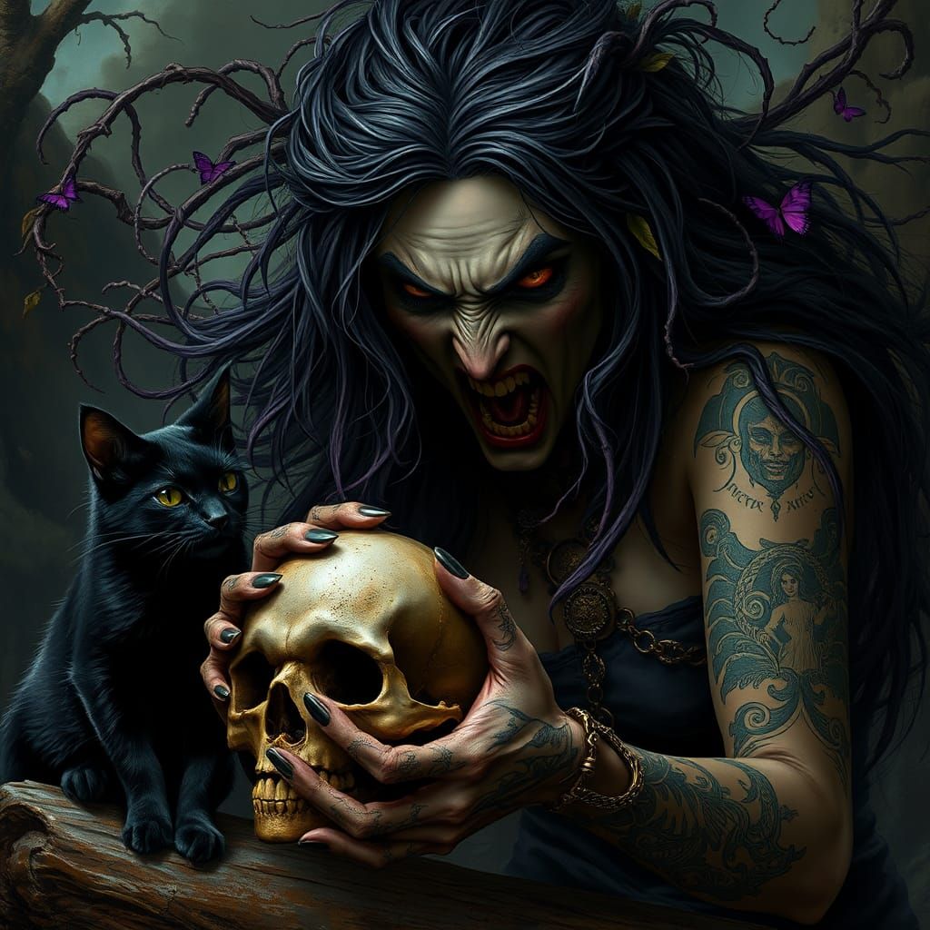 Enraged Witch in Primeval Forest Art Nouveau