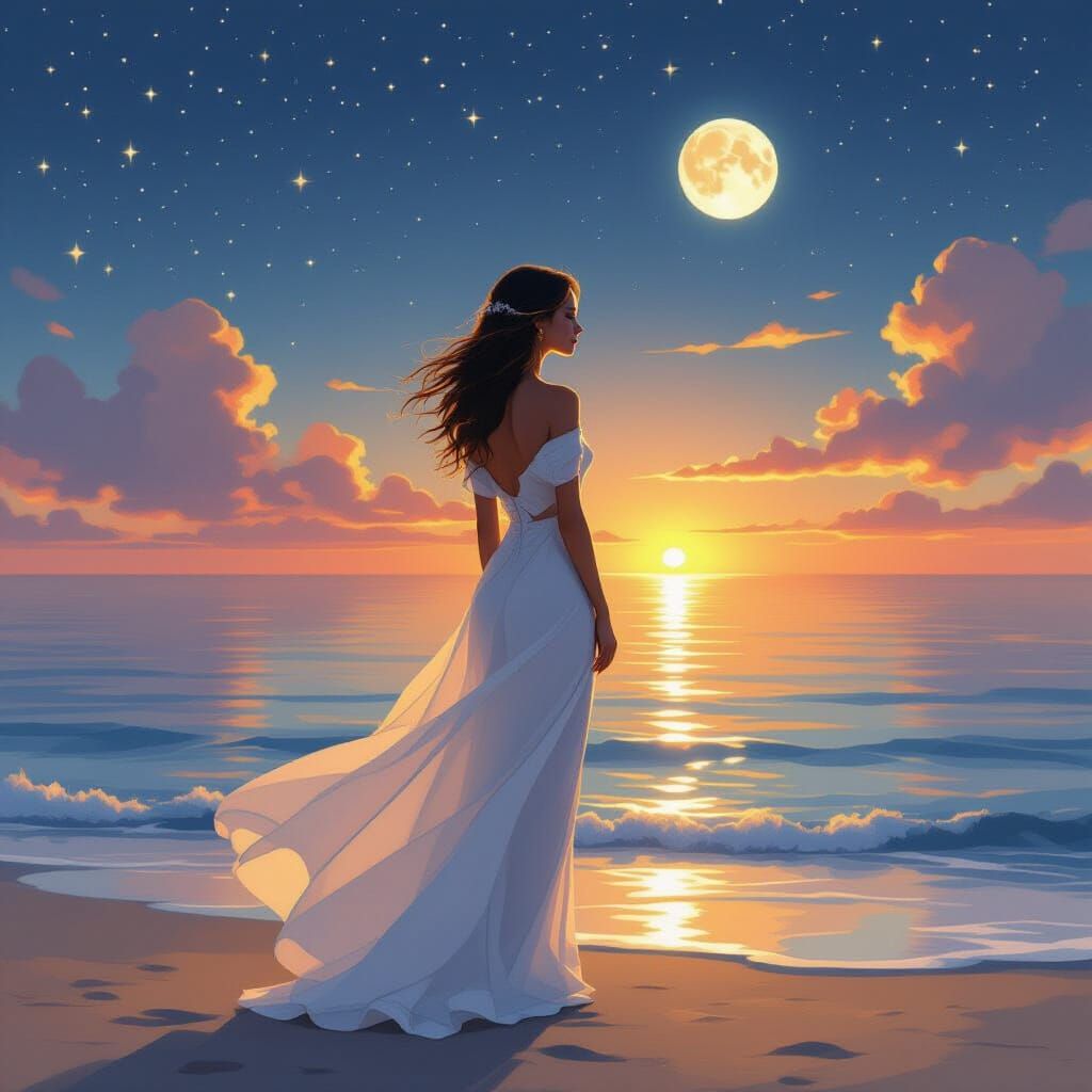 Ethereal Woman Gazing at Moonlit Sea Sunset
