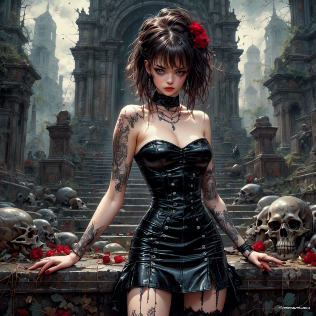 Scintillating Woman in Graveyard: Anime Style Masterpiece