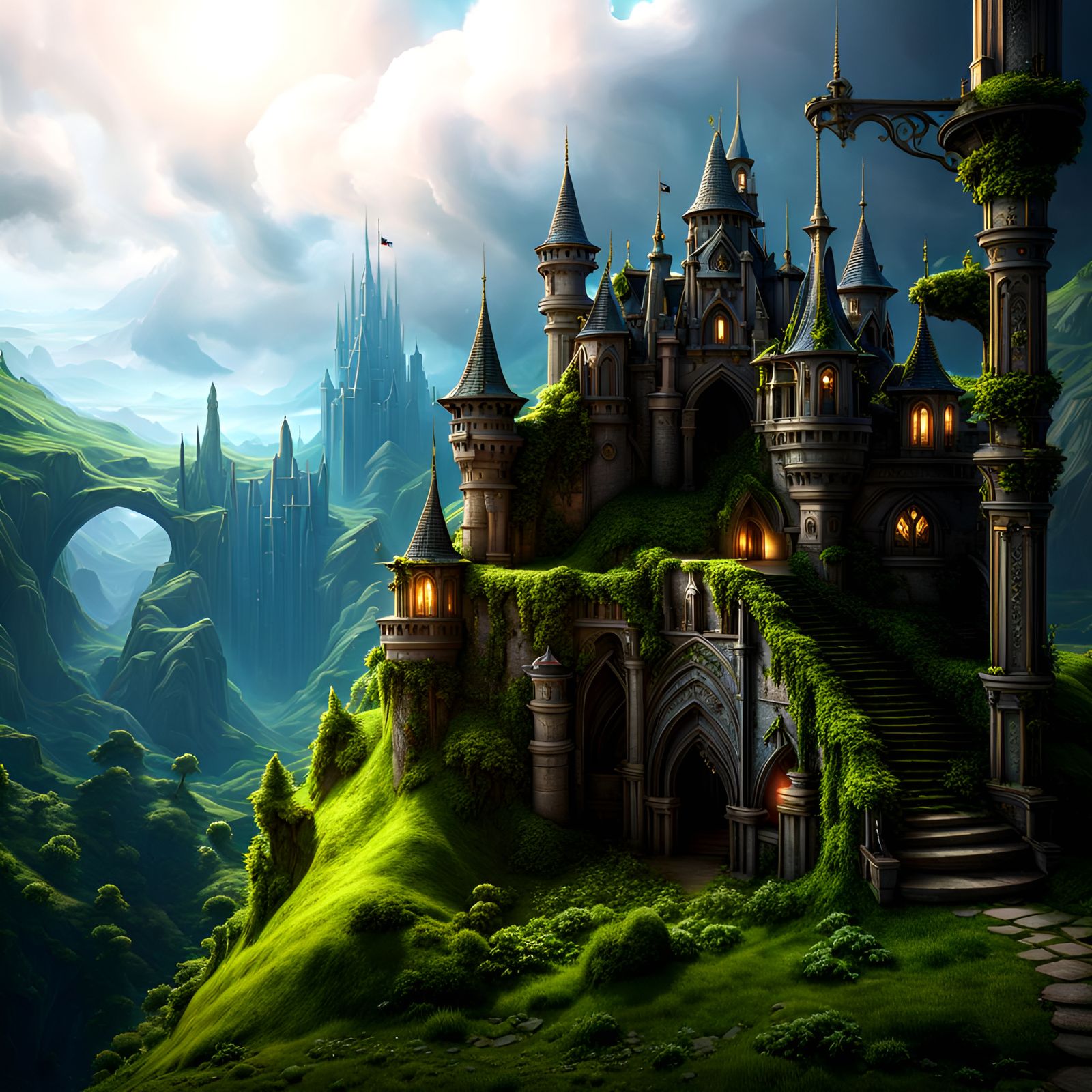 Green mossy castle, fantasy background