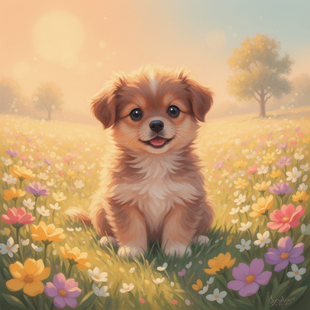 Adorable Puppy in Wildflower Meadow, Whimsical Oil Painting