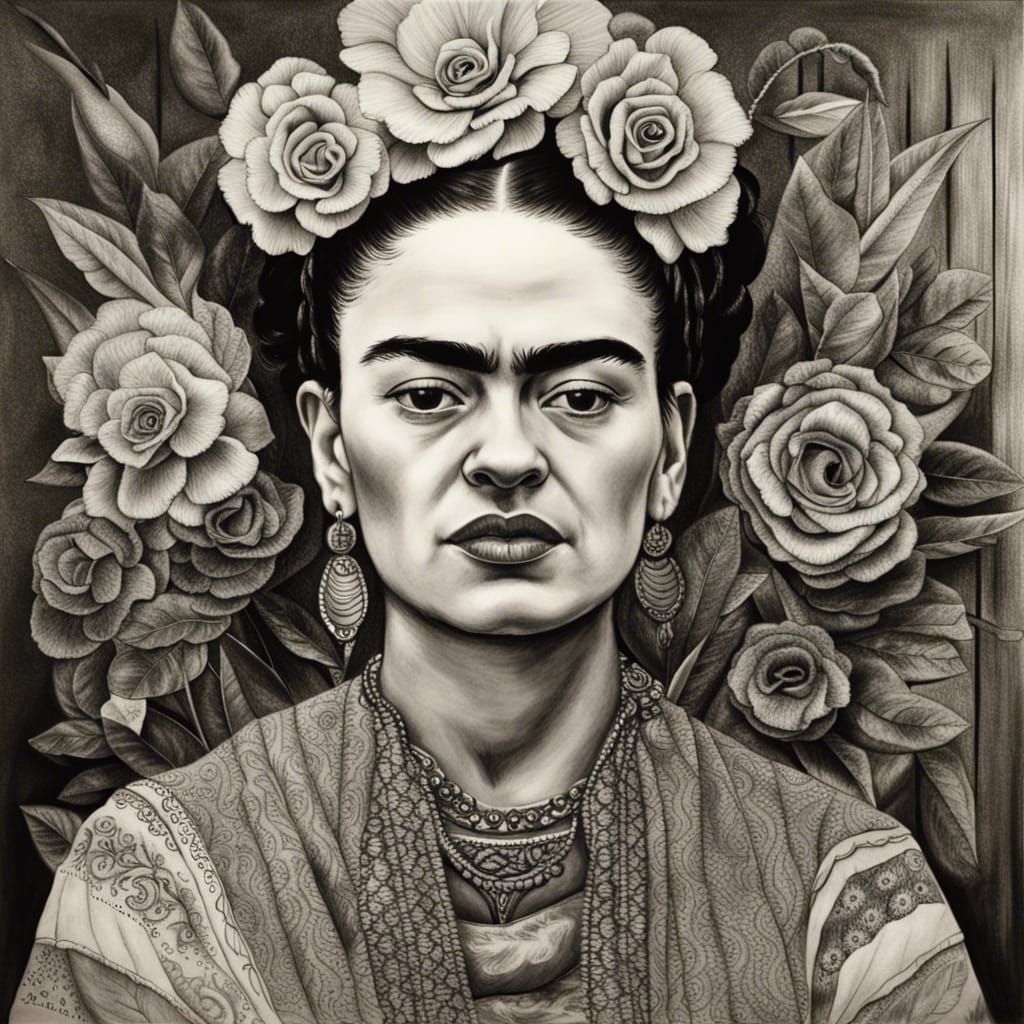 Modern Frida Kahlo: Hyperdetailed Charcoal Drawing