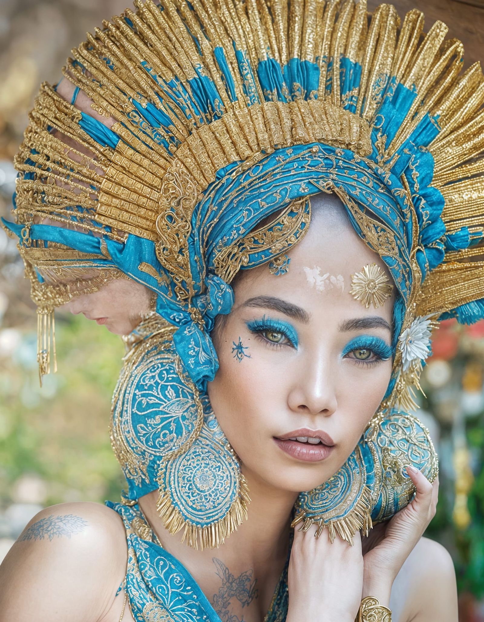 Woman in Chinese Pottery Bikini and Gold Headdress