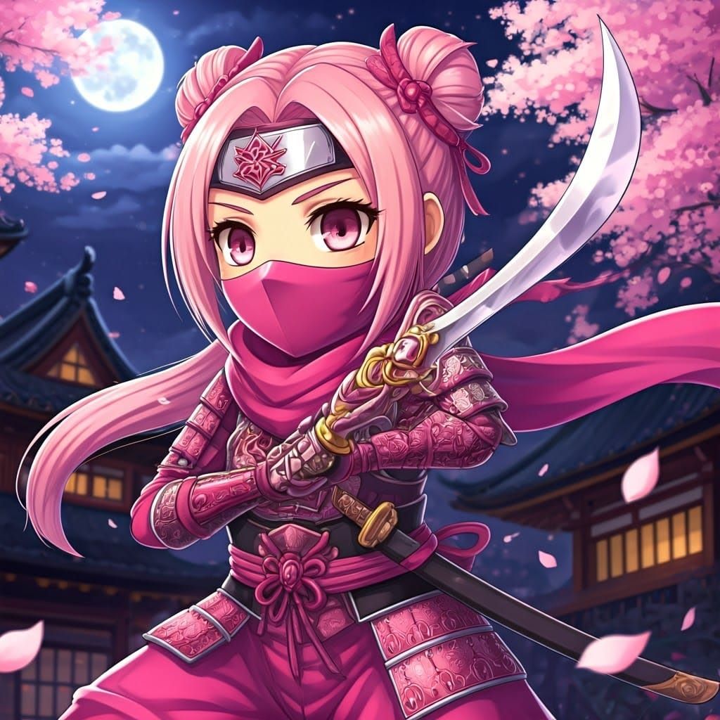 Adorable Pink Ninja Maiden in Cherry Blossom Dreamscape
