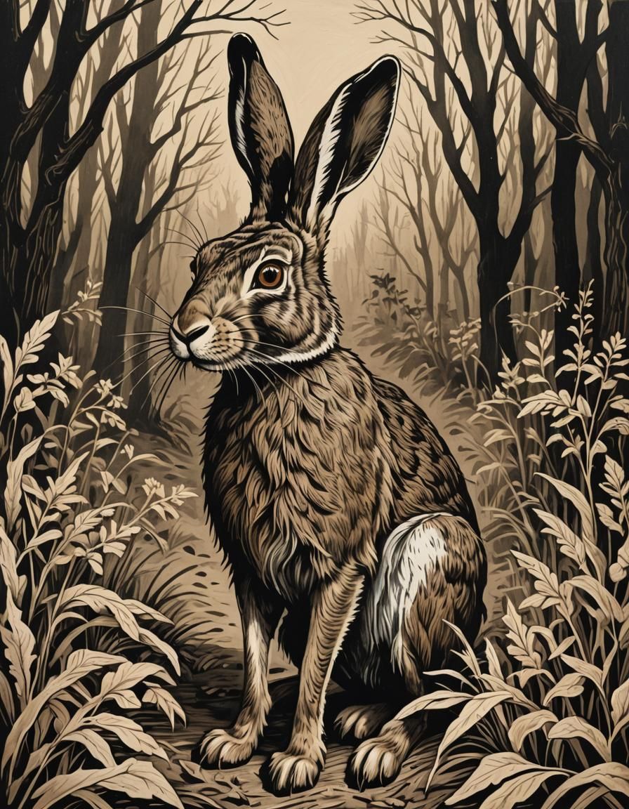 Folk Horror Woodcut: Wild Hare in Sepia Tones