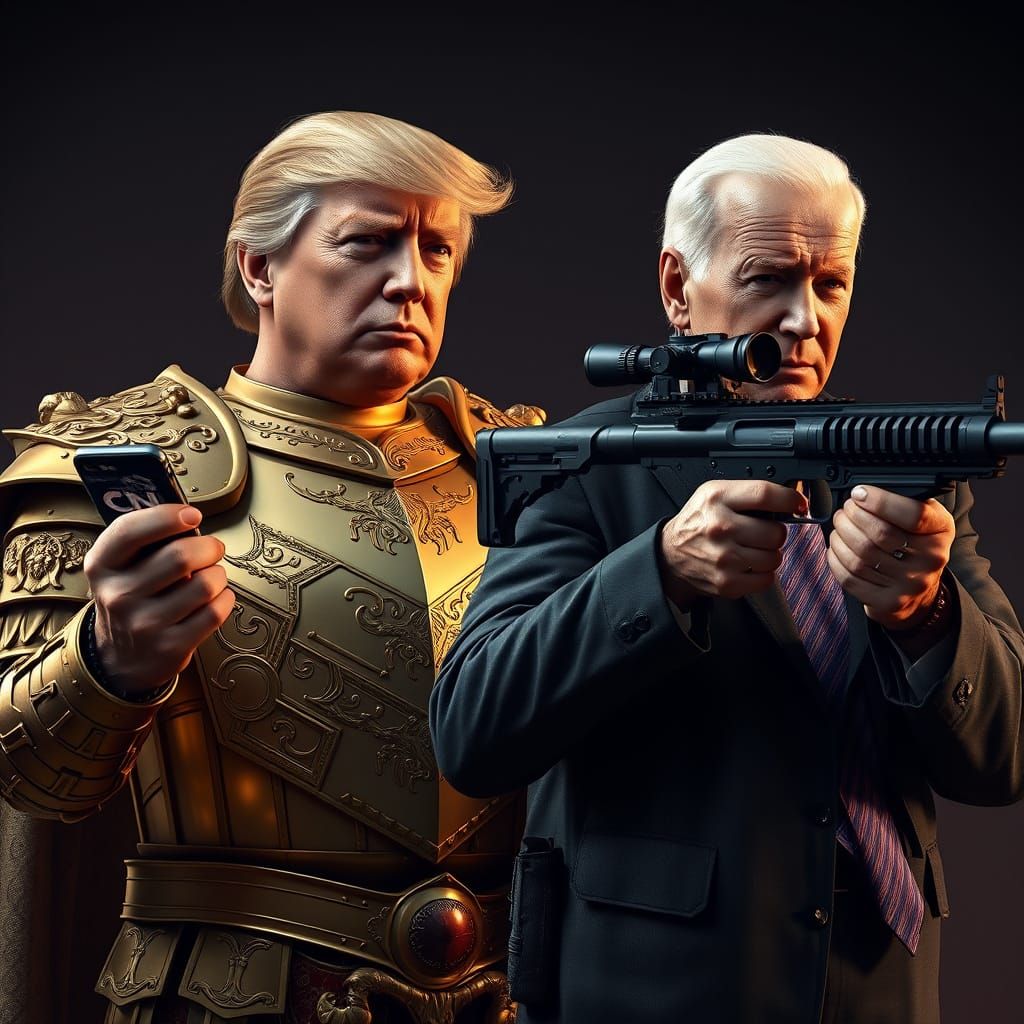 Trump in Golden Armor Standoff, Realistic 4K Image