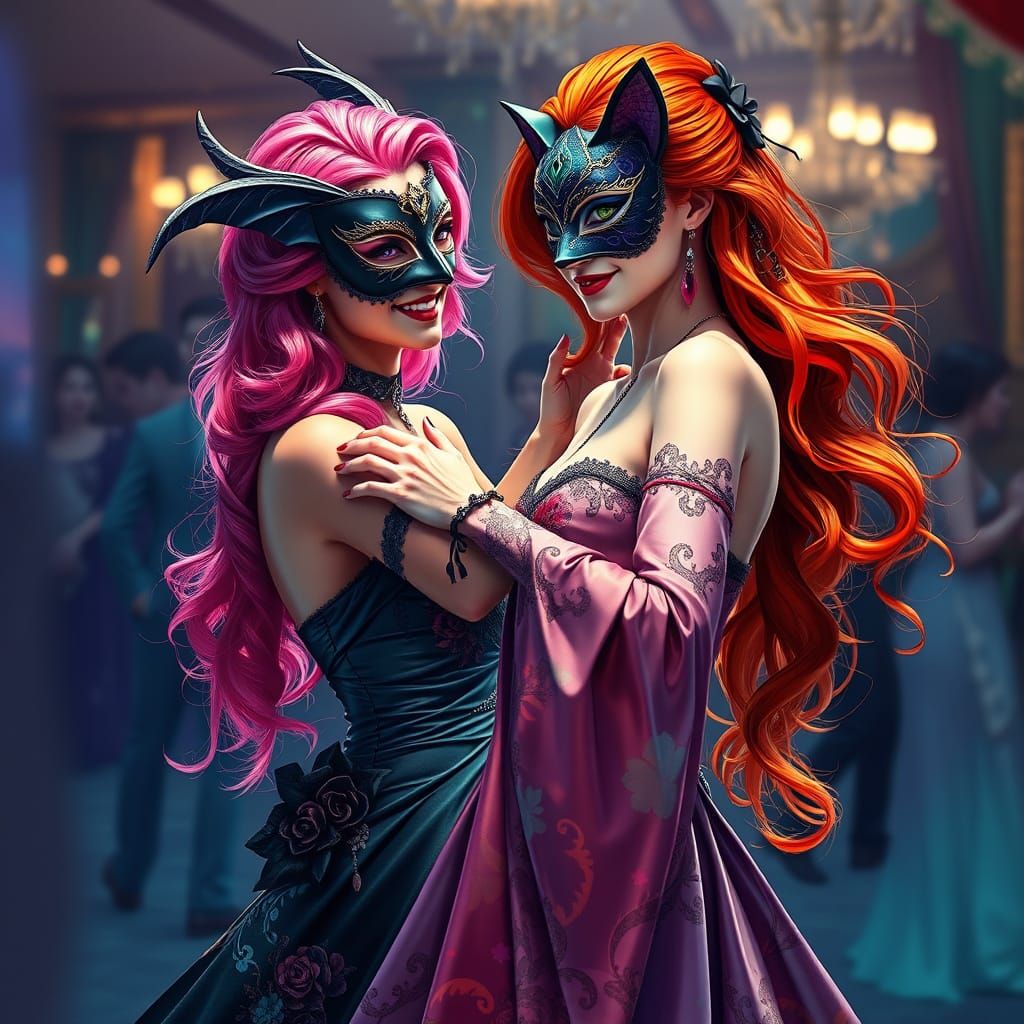 Elegant Women Dancing at a Masquerade Ball in Gothic Style