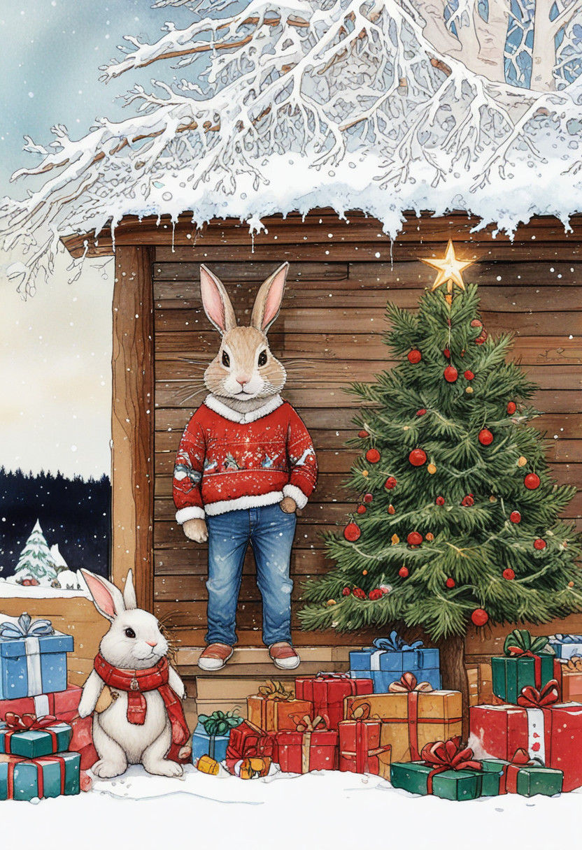 Surreal Christmas Cabin Scene with Humorous Happy Rabbit