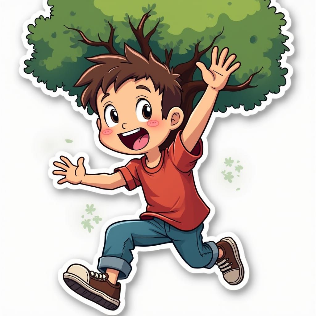 Vibrant Cartoon Boy Falls from Tree in Logo Style