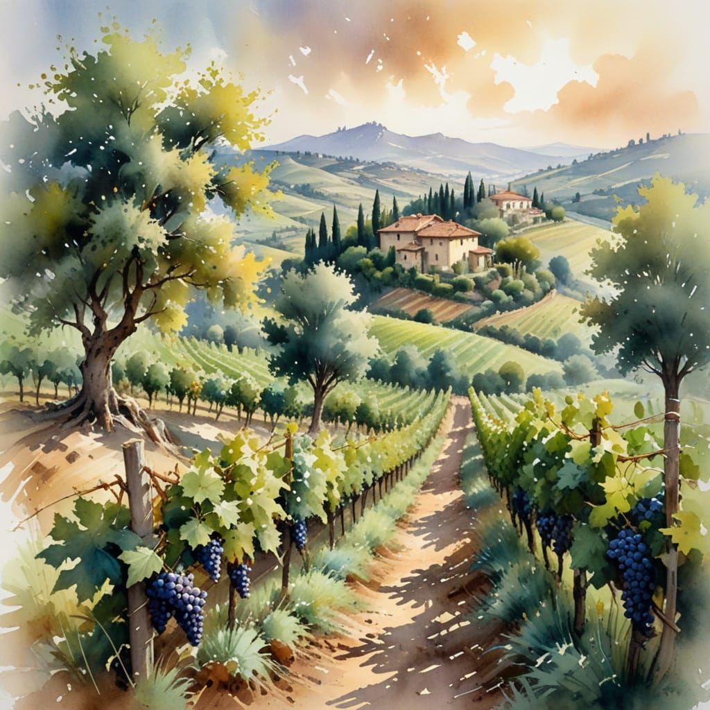 Dreamy Tuscan Vineyard Landscape in Watercolour