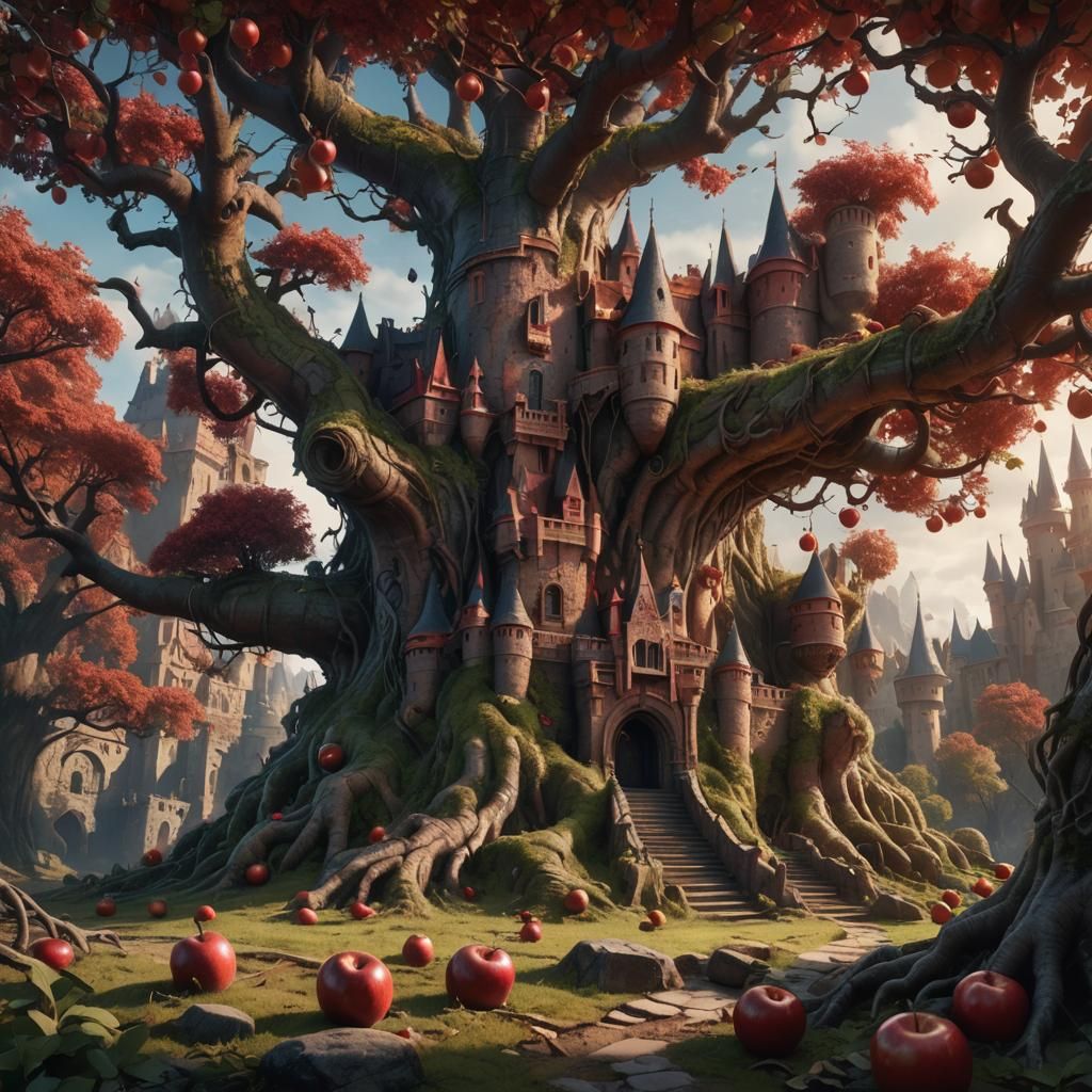 Worm Humans in Red Apple Castle: Fantasy Art